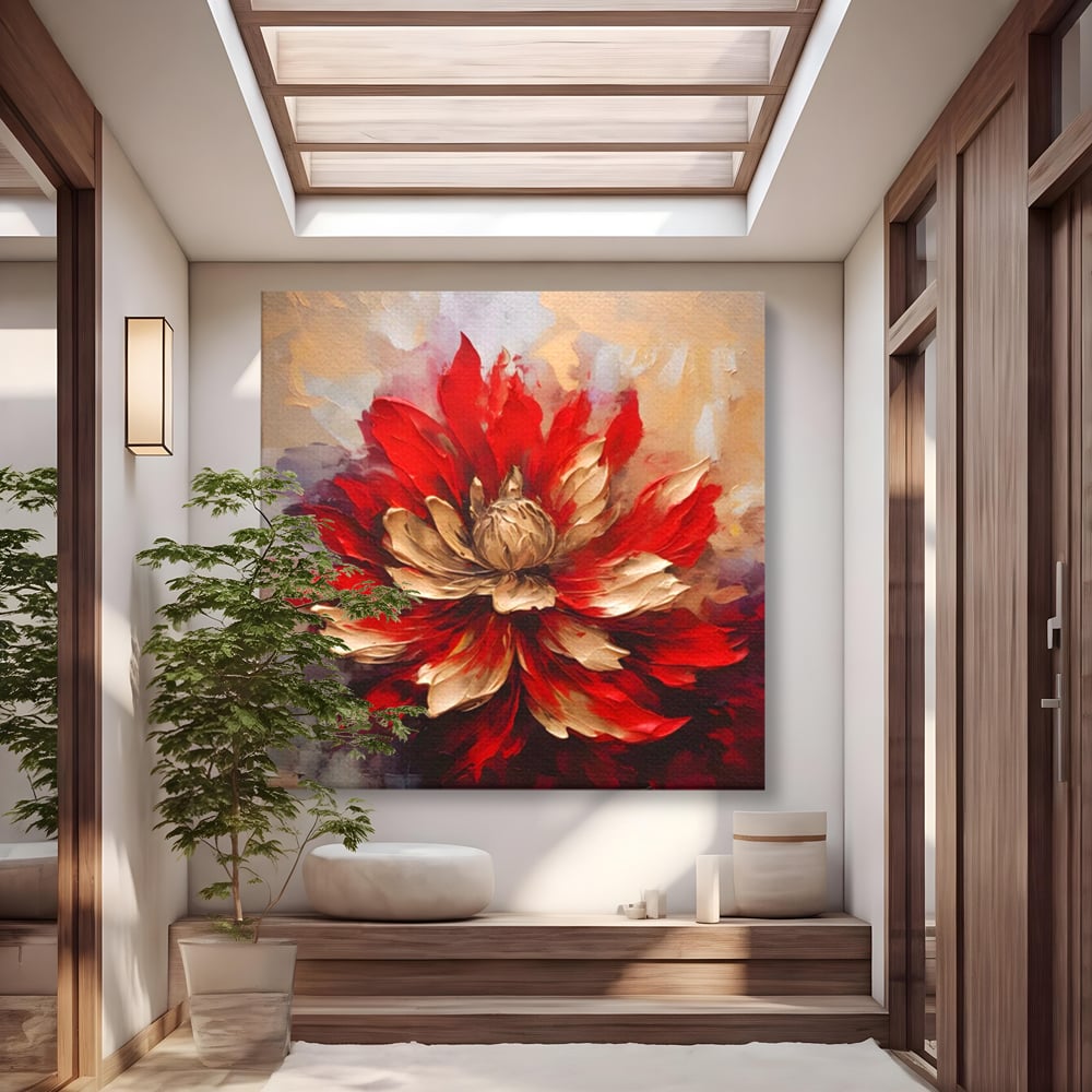 Tablou canvas cu pictura cu o floare rosie si aurie in relief, fara rama, pe sasiu de lemn